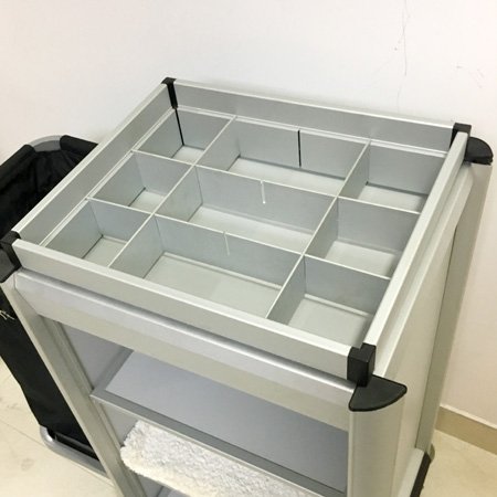 Carrinho de limpeza compacto para limpeza de quartos de hotel em alumínio
